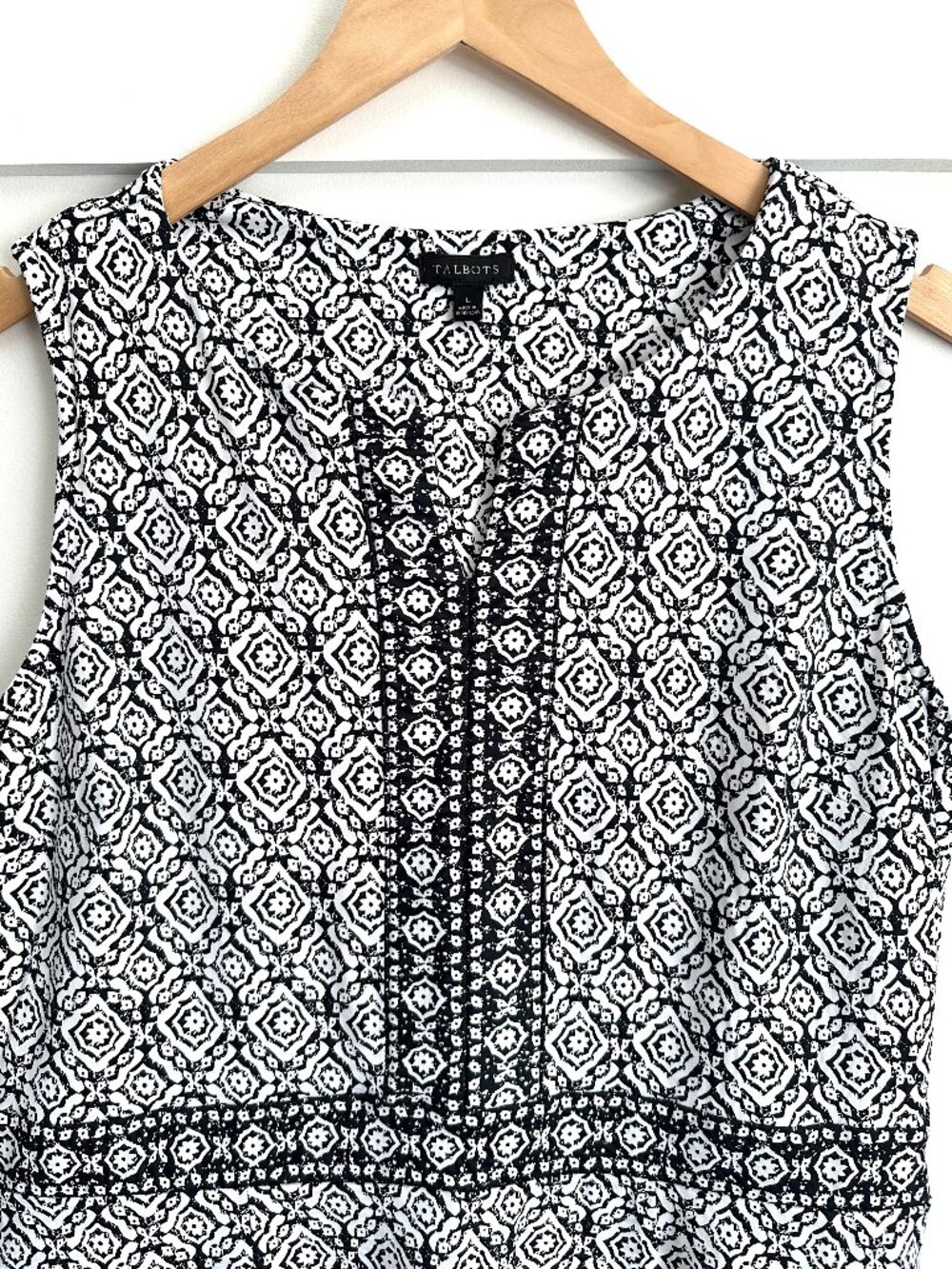 Talbots Split Neck Jersey Sheath Dress Printed Black White Size Large Petite - Picture 3 of 9